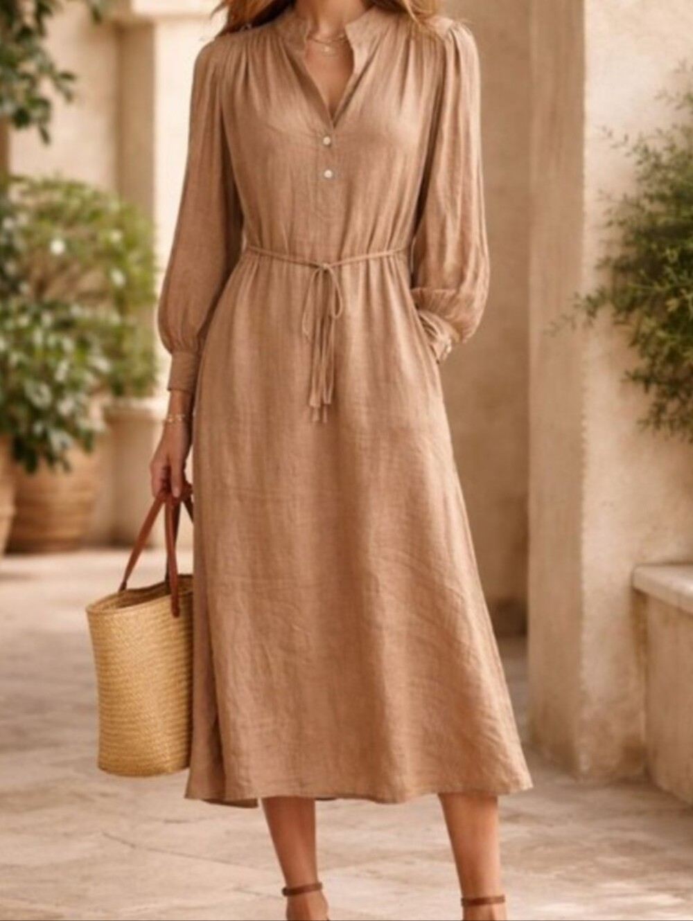 100% Ramie Banana Republic Ramie Popover Midi Shirt Dress Womens Size Large
